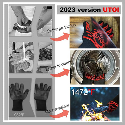 BBQ Grill Gloves 1472°F Heat Resistant, XL Long Non-Slip Oven Mitts Grilling Gloves for Men, for Campfire Cooking & Fire Pit, Smoker, Outdoor Cooking Essentials, Washable, Red