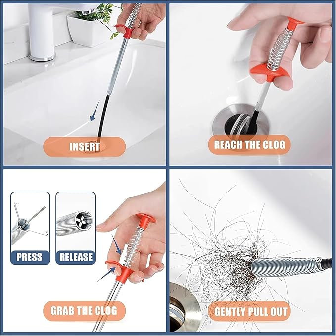 Drain Snake 33Inch, Unclog Drain Tool for Bathroom Sink, Shower, Bathtub, Car & Tight Spaces,Flexible Sink Snake Drain Cleaner Tool Set, Sink Declogger, Hair Puller from Drain (33inch)