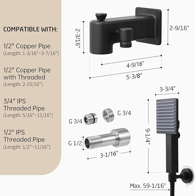 KES All Metal Tub Spout with Diverter and Handheld Shower Sprayer, Wide Fan & Power Jet Modes, Bathtub Faucet with Shower Attachment, Fit 1/2" & 3/4" IPS or 1/2" Slip-On Copper Pipe, Matte Black