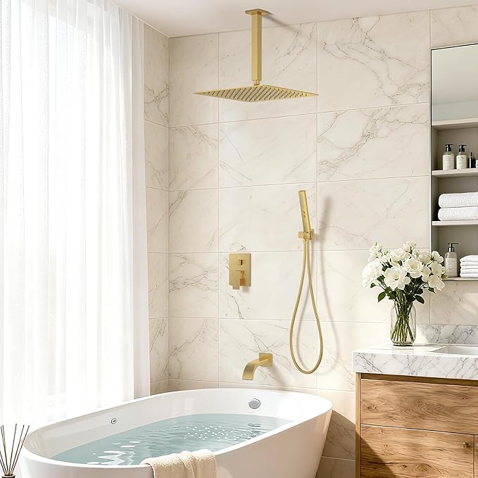 Brushed Gold Shower System with Tub Spout, Ceiling Mounted Bathtub Shower Faucet Set, 12" Rainfall Shower Head and Handheld Shower Combo, High Pressure Shower Fixtures Set with Rough-in Valve
