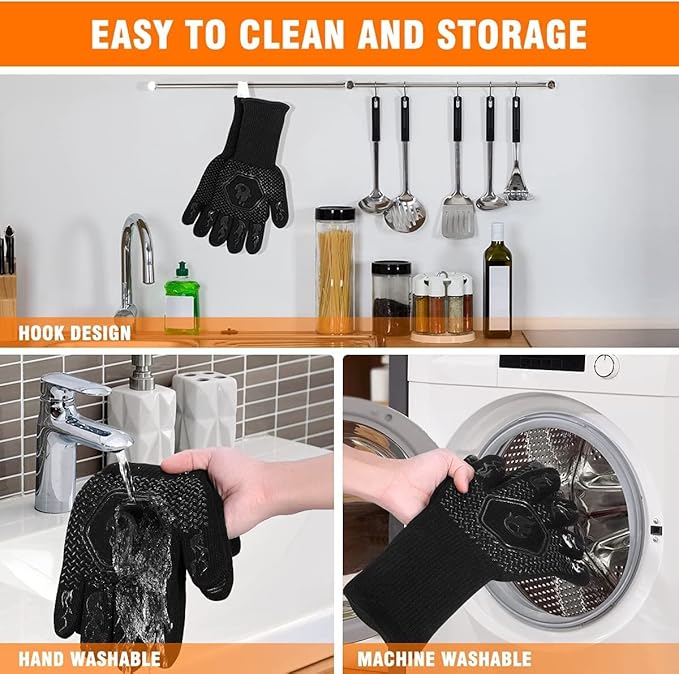 HAMITOR BBQ Grill Gloves : 1472℉ High Temp Resistance Fireproof Glove for Grilling Barbecue - Washable Long Oven Mitts Extreme Hot Proof Mittens for Kitchen Cooking Baking