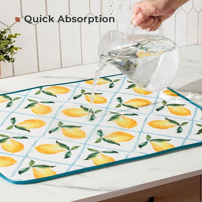 FRESHMINT Printed Dish Drying Mats for Kitchen Counter 2 Pack Absorbent Reversible Drying Mats Microfiber Kitchen Countertop Protector Dishes Drying Pad Extra Large 18"x24" Dish Mat
