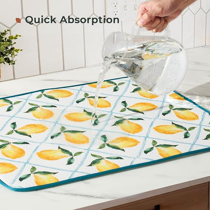 FRESHMINT Printed Dish Drying Mat for Kitchen Counter 2 Pack Absorbent Reversible Drying Mats Microfiber Kitchen Drying Mat, Extra Large Dishes Drainer Mats (18"x16", Lemon)