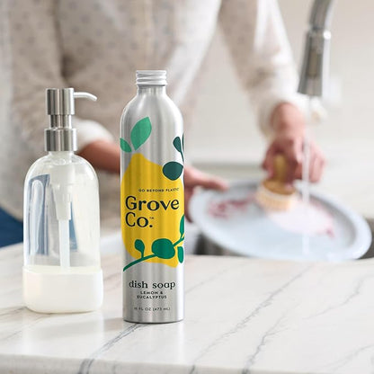 Grove Co. Ultimate Dish Soap Refills (3 x16 Fl Oz) Removes 48-hr Stuck-on Food and Grease, Plastic Free Cleaning Products, 100% Natural Lemon & Eucalyptus Fragrance