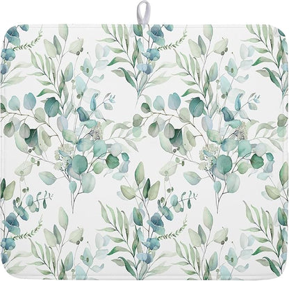 Watercolor Sage Leaves Dish Drying Mats for Kitchen Counter 16x18 Inch,Spring Leaves Kitchen Drying Mat,Sage Herbs Dishes Pad Dish Drainer Rack Mats Absorbent Fast Dry Kitchen Accessories