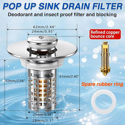 Sink Stopper Hair Catcher(New-2pcs), Pop-up Sink Drain Strainer with Removable Stainless Steel Strainer Basket Hair Catcher, Bathroom Sink Strainer for Bathroom Sink Stopper Replacement