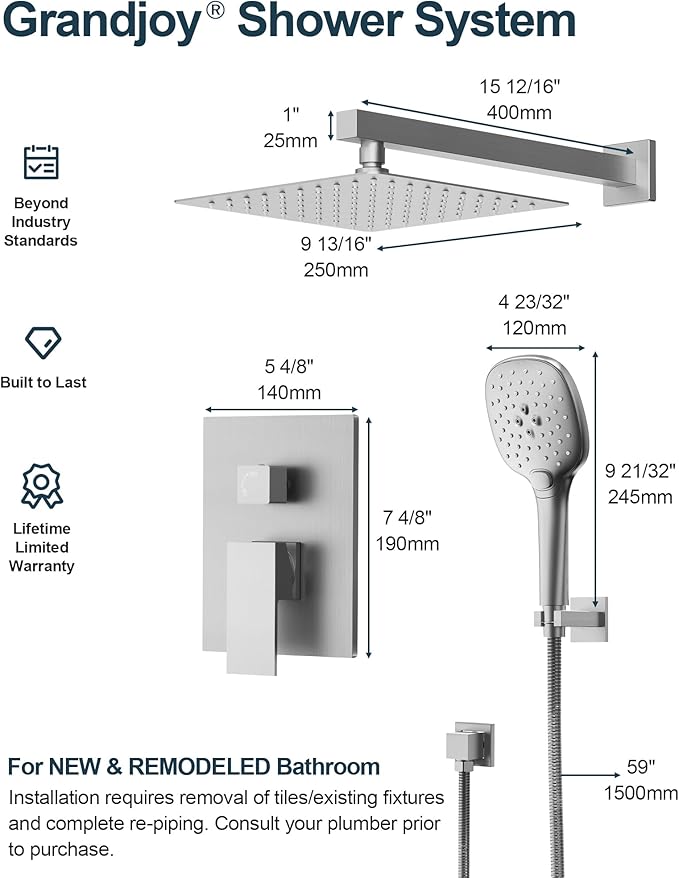 Double Handle High Pressure 3 Spray Shower Faucet Set with Valve 10 Inch Wall Mount Brushed Nickel