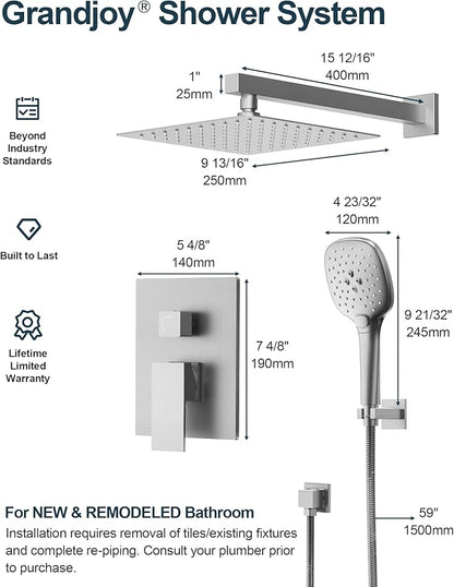 Double Handle High Pressure 3 Spray Shower Faucet Set with Valve 10 Inch Wall Mount Brushed Nickel