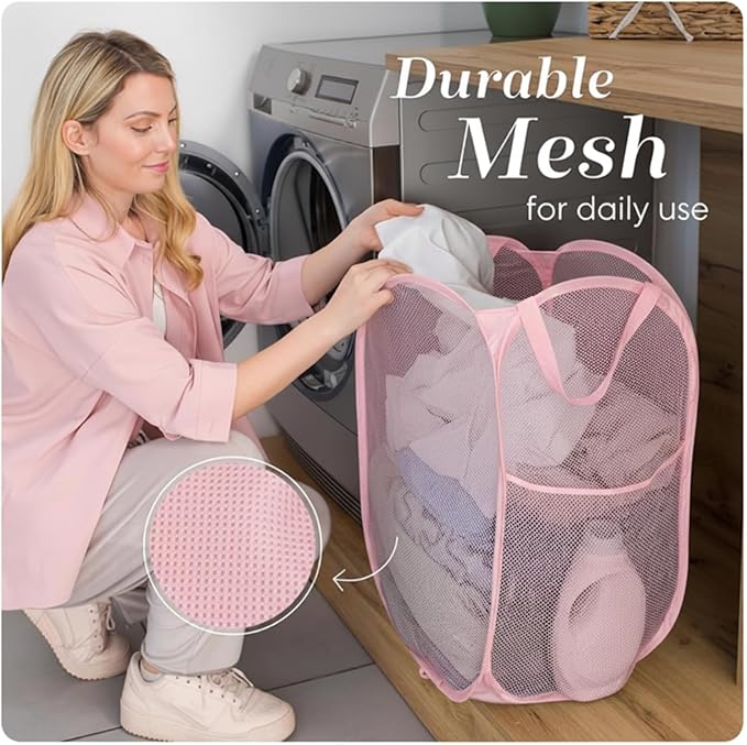 Handy Laundry Collapsible Mesh Pop Up Laundry Hamper, Breathable & Foldable Basket with Side Pocket, Space-Saving, Durable Handles, Wide Opening for Clothes, Toys & Storage, 14 x 13 x 24 in, Pink