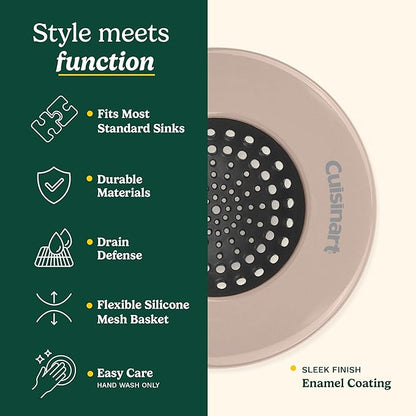 Cuisinart Sink Strainers- 2 Pack Kitchen Sink Drain Strainer & Food Catcher with Enamel-Coated Stainless Steel Rim and Silicone Base, Fits Standard 3.5" Drains, Outer Diameter 4.35", Scratch-Safe