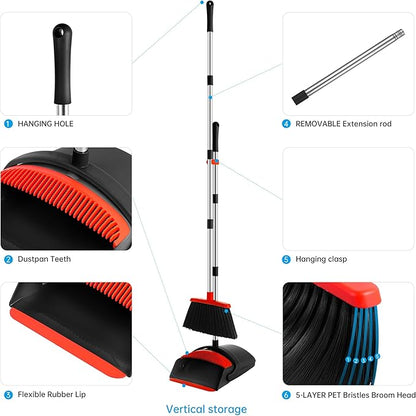 Broom and Dustpan Set for Home,52-in Long Adjustable Handle Angle Broom for Sweeping Indoor Dustpan Teeth to Clean Pet Hair Suitable for Home Kitchen Office
