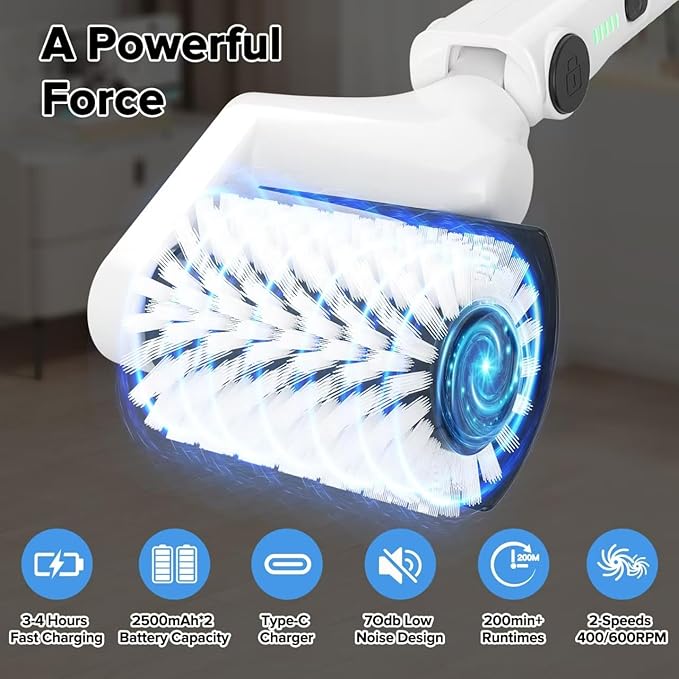 Roller-Type Electric Cleaning Brush - 2025 New Cordless Shower Scrubber with 200min Runtimes, 2-Speeds & 56" Extendable Handle, 4 Brush Heads, Shower Cleaner Brush, for Bathtub/Tile/Floor