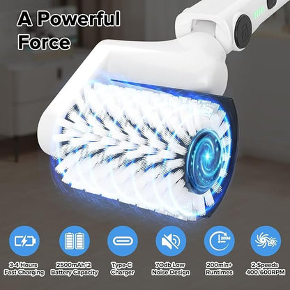 Roller-Type Electric Cleaning Brush - 2025 New Cordless Shower Scrubber with 200min Runtimes, 2-Speeds & 56" Extendable Handle, 4 Brush Heads, Shower Cleaner Brush, for Bathtub/Tile/Floor