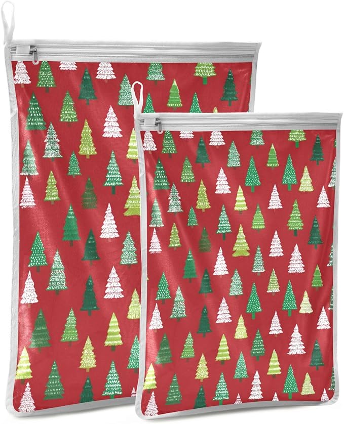 Mesh Laundry Bags Lingerie Bags for Washing Delicates 2 PCS Durable Wash Bag with Zipper Small and Medium Washable Christmas Trees White Green