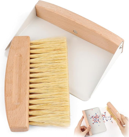 Small Dustpan and Brush Set with Wooden Handle,Mini Metal Crumb Sweeper for Countertops,Desk,Pet Hair,Car,Portable Cleaning Tools for Kitchen,Camping,Sofa (White)