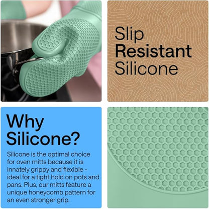 GORILLA GRIP BPA-Free Soft Silicone Oven Mitts, Heat Resistant and Waterproof Cooking Gloves, Thick Cotton Lining, Flexible Gripping for Baking Grilling, Kitchen Potholders Set of 2, 12.5x8.3, Mint