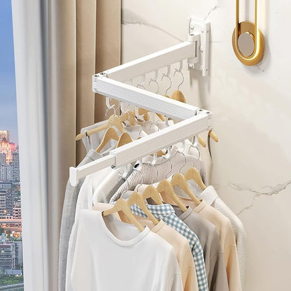 Wall Mounted Clothes Drying Rack, Collapsible Laundry Drying Rack, Retractable Foldable Drying Rack Clothing for Hanging Clothes,White-Hooks