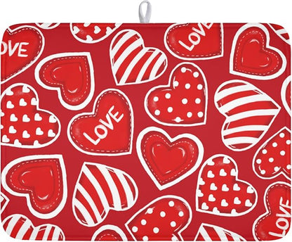 Valentines Day Dish Drying Mat for Kitchen Counter Red Polka Dot Stripe Love Heart Pattern Drying Mat 18x24 Inch Valentines Holiday Absorbent Dish Drainer Mat Kitchen Accessories