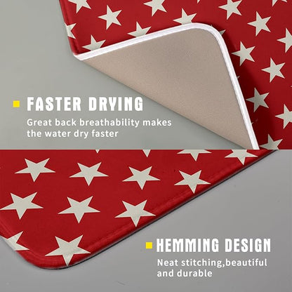 Patriotic July of 4th Red Star Dish Drying Mat for Kitchen Counter 16x18 Memorial Independence Day Absorbent Reversible Microfiber Drying Mats Kitchen Countertop Protector Dishes Drainer Rack Pad
