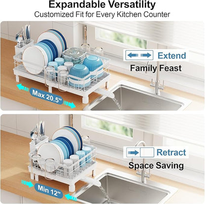 GSlife Expandable Dish Drying Rack with Drainboard, Compact Rustproof Dish Rack for Kitchen Counter, Ultra-Sturdy Space Saver with Cup Holder for Small Apartment,12.2" W x 12"-20.5" L, White