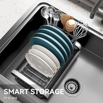 Small Dish Drying Rack, Mini Expandable Compact Dish Rack, Slim Extendable Stainless Steel Dish Drainer for Kitchen Plate Storage, Space Saving Dish Strainer in Sink or on Home Countertop, Black