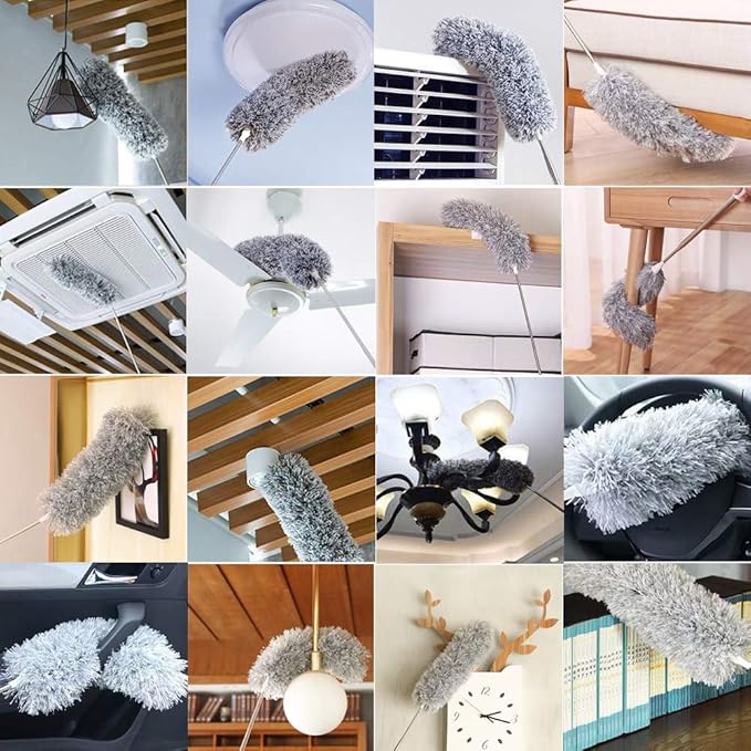 Microfiber Feather Duster with Extendable Pole, 30-100 inches Extra Long Cobweb Duster for Cleaning, Bendable Head, Non-Scratch, Washable Duster for Ceiling, Fan, Furniture Gray