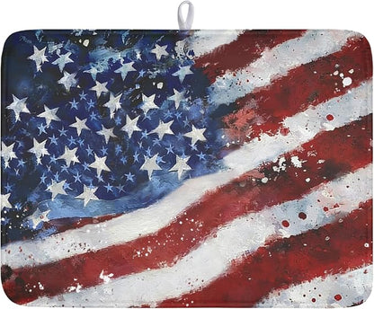 4th of July Dish Drying Mat 24x18 Inch, Patriotic Drying Mat with Absorbent Reversible Microfiber, Independence Day Dish Drainer Mats Memorial Day Rack Pad for Coffee Countertop Kitchen Protector