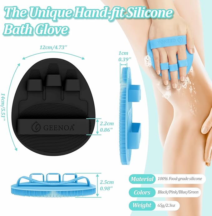 Silicone Back/Face Scrubber & Soft Bath Glove 3PCS, 16''- 24'' Extendable Shower Back Scrubber, 360° Anti-Slip & Hand-fit Silicone Body Scrubber, Manual Face Brush for All-Round Cleaning(Blue)