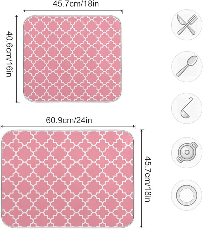 Super Absorbent Dish Drying Mat, Microfiber Fast-Drying Dish Mat, 24" x 18", Kitchen Dish Drying Pad, Pink Moroccan