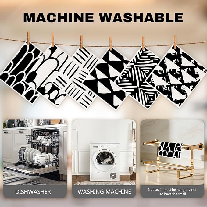 Swedish Dishcloths 6 Pack, Black White Geometric Reusable Paper Towel Alternatives, Washable Absorbent Cellulose Sponge Cloths No Odor, Kitchen Dish Washing Cloths, Kitchen Gifts for Women