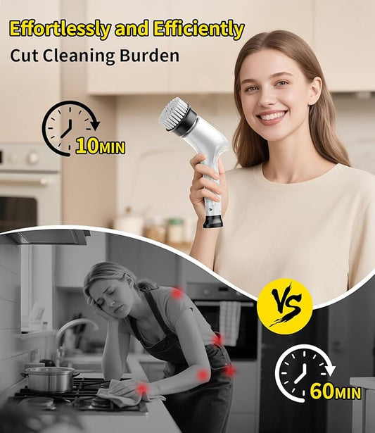 Electric Spin Scrubber, Cordless Household Cleaning Brush with 6 Replaceable Heads, 3 Speeds, LED Display, Lightweight Handheld Power Scrubber for Cleaning Stove/Bowl/Sink/Corner/Tile/Grout-White
