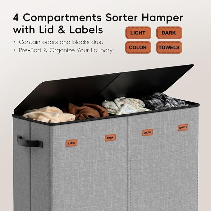 Laundry Hamper 4-Section with Lid, 185L Laundry Sorter with 4 Removable Bags + 1 Extra Large Bag, Switchable 3/4 Compartment, Laundry Basket Organizer for Bedroom, Laundry Room，Grey