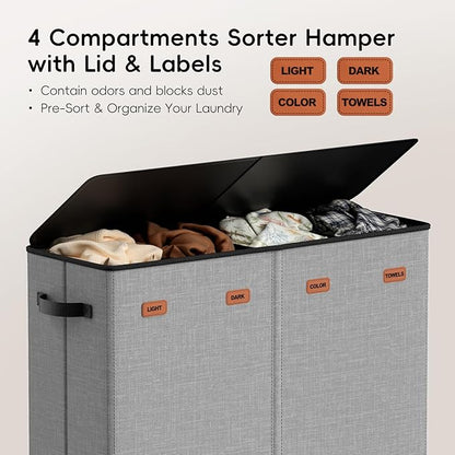 Laundry Hamper 4-Section with Lid, 185L Laundry Sorter with 4 Removable Bags + 1 Extra Large Bag, Switchable 3/4 Compartment, Laundry Basket Organizer for Bedroom, Laundry Room，Grey