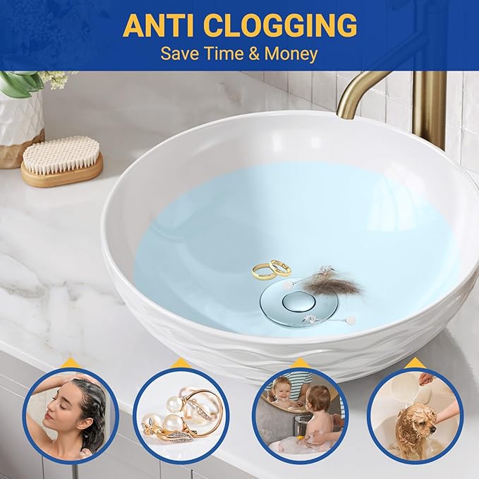 Bathroom Sink Drain Strainer, Pop-Up Bathroom Sink Stopper with Removable Stainless Steel Hair Catcher Basket, Universal Fit for US Bathroom Sinks, Showers & Floor Drains (1pcs)