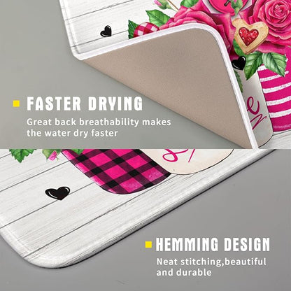 Valentine's Day Rose Flower Dish Drying Mat for Kitchen Counter,Mason Jar Pink Love Heart Drying Mat 16 x 18 Inch with High Absorbent Microfiber Drainer Mat for Coffee Bar