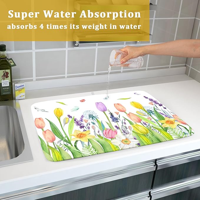 Aportt Spring Floral Dish Drying Mat With Absorbent Reversible Microfiber Watercolor Tulip Lavender Flower Drying Mats 18 x 24 Inch Dish Drainer Mat Fast Dry For Kitchen Dining Room