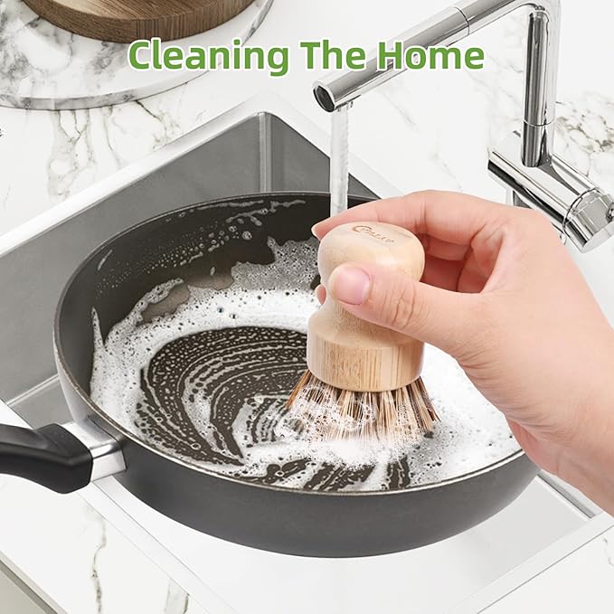 6 Packs Bamboo Dish Brush - Kitchen Scrub Brush, Natural Union Fiber and Tampico Fiber Dish Scrubber for Washing Cast Iron Pan/Pot(Hard Bristle)