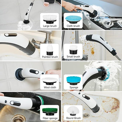 PUNOMO Electric Spin Scrubber, Cordless Bathroom Cleaning Brush with 8 Replaceable Heads & Adjustable Handle, IPX7 Waterproof Shower Scrubber with LCD Display, 2 Speeds for Bathtub, Floor, Tile