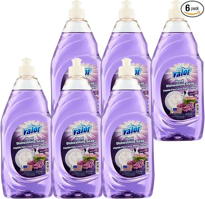 Valor Dishwashing Liquid, 25 fl oz – Dish Soap for Kitchen & Bathroom, Grease-Fighting, Gentle on Hands, Fast Rinse, Eco-Friendly Biodegradable Formula (25.5 oz (Pack of 6), Lavender)
