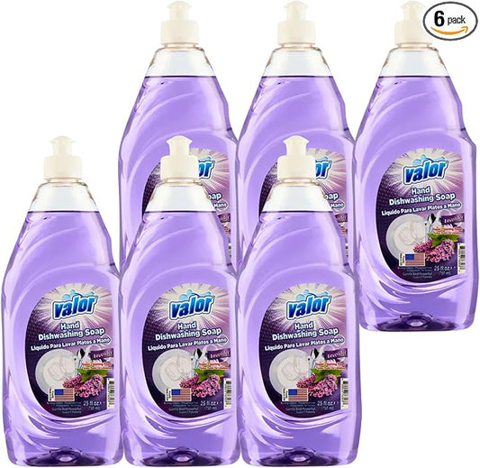 Valor Dishwashing Liquid, 25 fl oz – Dish Soap for Kitchen & Bathroom, Grease-Fighting, Gentle on Hands, Fast Rinse, Eco-Friendly Biodegradable Formula (25.5 oz (Pack of 6), Lavender)