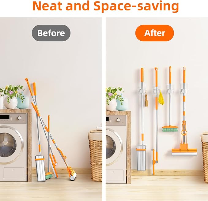 8 PackBroom Holder Wall Mount, New Version Adhesive Mop and Broom Holder Wall Mount, Super Anti-Slip Broom Hanger Mop Organizer Wall Hanging for Bathroom, Kitchen, Laundry Room