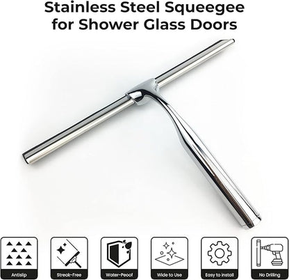 Squeegee for Shower Glass Door with Holder, 10" Silicone Blade, Stainless Steel Chrome Handle, for Kitchen Window, Bathroom Mirror & Car Glass Cleaning by Fab Glass and Mirror