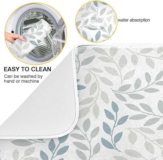 Grey and Blue Leaves branches Dish Drying Mat 18x24 for Kitchen Gray Leaves Botanical Spring Flowers Dishes Pad Dish Drainer Rack Mats Absorbent Fast Dry Kitchen Accessories