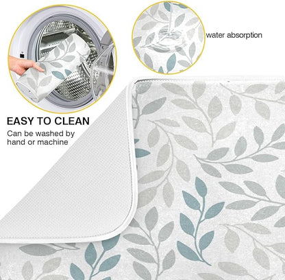 Grey and Blue Leaves branches Dish Drying Mat 18x24 for Kitchen Gray Leaves Botanical Spring Flowers Dishes Pad Dish Drainer Rack Mats Absorbent Fast Dry Kitchen Accessories