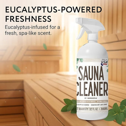 IMPRESA 32oz Sauna Cleaning Spray – All Purpose Eucalyptus Wood Cleaner Spray for Home Sauna, Spa, Steam Room & Gym – Natural Multipurpose Surface Cleaner Bottle – Gentle Ingredients Tough on Grime