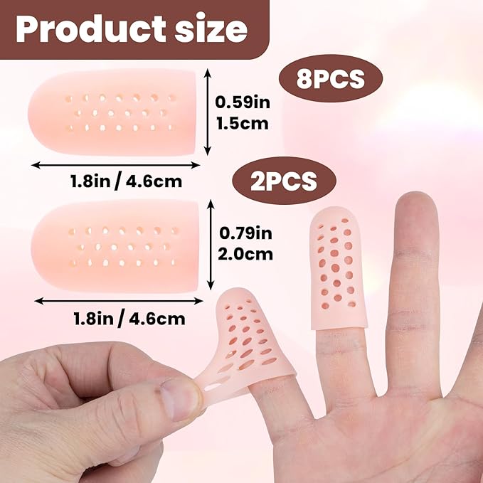 PAGOW 10pcs Gel Finger Cots/Covers, Silicone Finger Protector Support, Finger Caps Finger Sleeves Thumb Protector for Finger Cracking Trigger Finger Arthritis Pain Relief (Beige, 8 Small+2 Medium)