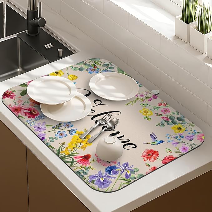 Dish Drying Mat Drainer Pads - Extra Large Microfiber Drying Mats for Dishes Spring Summer Flower Kitchen Counter Super Absorbent Pads for Draining Racks (16"x18" )