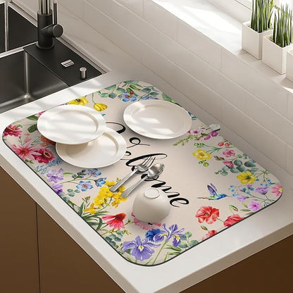 Dish Drying Mat Drainer Pads - Extra Large Microfiber Drying Mats for Dishes Spring Summer Flower Kitchen Counter Super Absorbent Pads for Draining Racks (16"x18" )