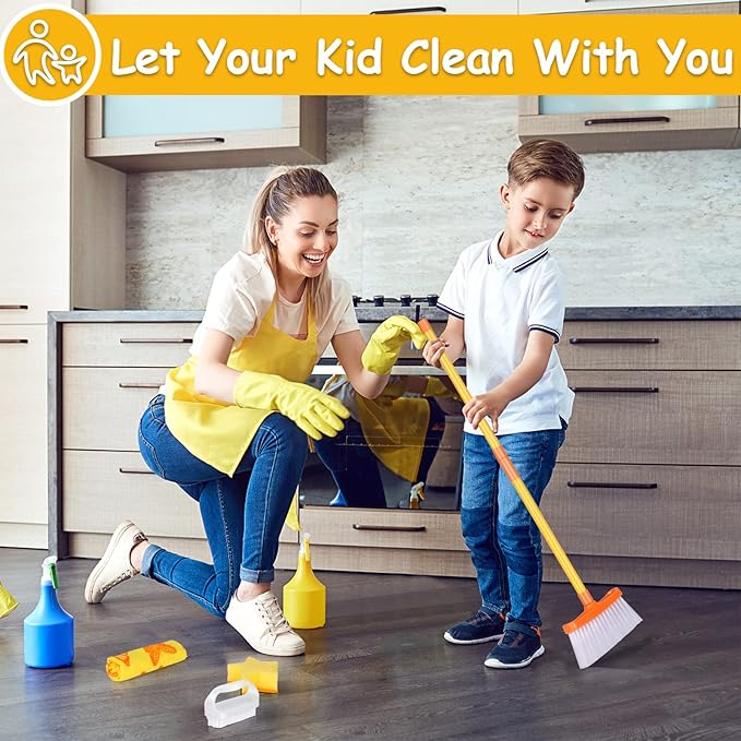 Masthome Kids Cleaning Set, 8 Piece Cleaning Toys Set, Includes Mop, Broom, Brush, Dustpan, Microfiber Cloth, Cleaning Sponge, Squeegee, Window Scraper, Pretend Play Toys for Girls Boys - Yellow
