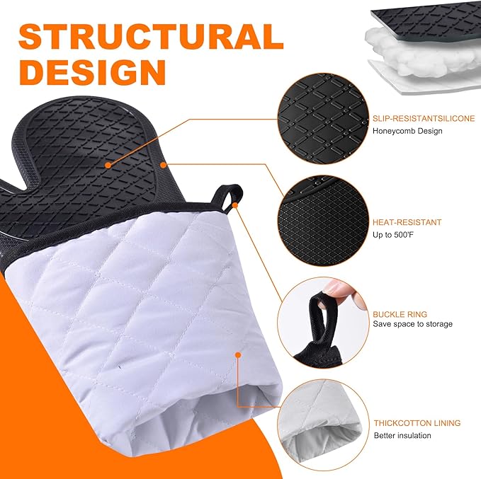 Extra Long Silicone Oven Mitts, Heat Resistant Oven Gloves with Quilted Liner Non-Slip Textured Grip Perfect for BBQ, Baking, Cooking and Grilling - 1 Pair 20 Inch Black